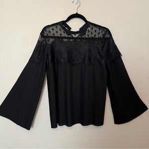 Gothic Lace Sheer Pleated Blouse Bell‎ Sleeve Oversized Dark Romantic Fairy Top